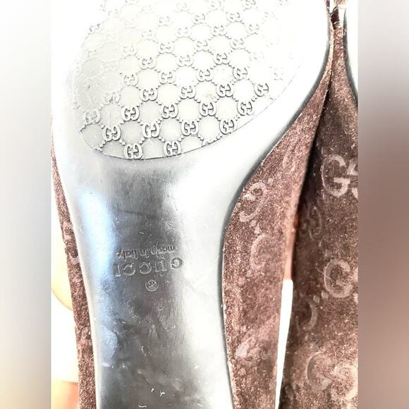 Gucci Horsebit Web Stripe GG Pump Size 8.5 Brown Suede Pointed Toe Kitten Heel - Picture 6 of 10